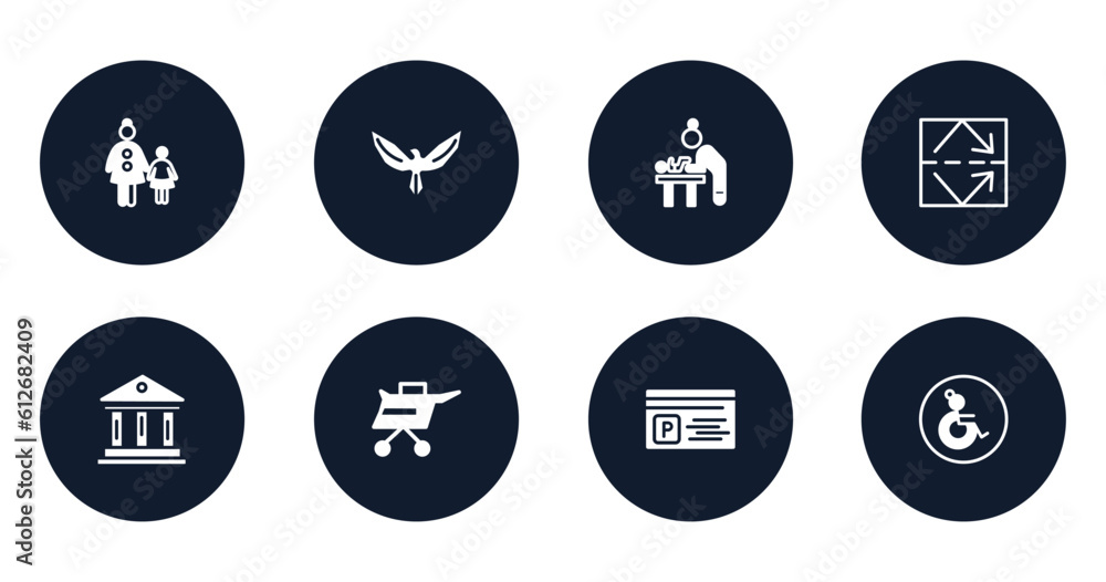 poi public places filled icons set. flat filled icons sheet included mother and child, hawk, baby changer, reflective, museum, air taxi, parking card, wheelchair side view vector. poi public places filled icons set. flat filled icons sheet included mother and child, hawk, baby changer, reflective, museum, air taxi, parking card, wheelchair side view vector.