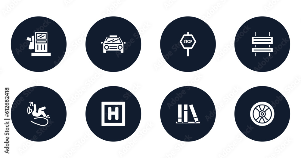 signals set filled icons set. flat filled icons sheet included fuel oil bomb service, car frontal view, stop hexagonal, rectangle and arrow, slip, round hotel, three books, wheel vehicle part signals set filled icons set. flat filled icons sheet included fuel oil bomb service, car frontal view, stop hexagonal, rectangle and arrow, slip, round hotel, three books, wheel vehicle part