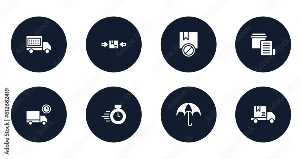 lineal logistic filled icons set. flat filled icons sheet included delivery date, use clamps, prohibited, delivery invoice, truck delay, delivery timer, wet protect, package on rolling transport lineal logistic filled icons set. flat filled icons sheet included delivery date, use clamps, prohibited, delivery invoice, truck delay, delivery timer, wet protect, package on rolling transport