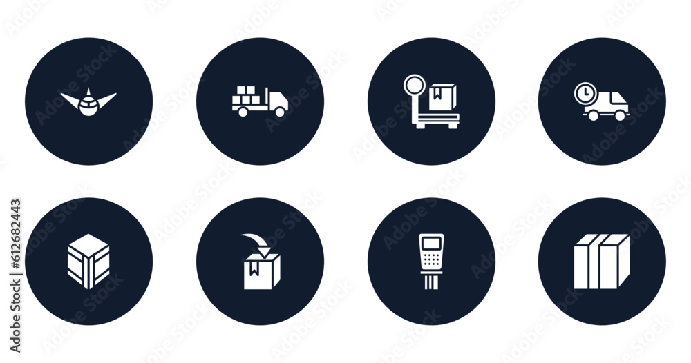 boxes filled icons set. flat filled icons sheet included air transport, loaded truck, parcel weight, logistics times, wooden crate, put in box, payment terminal, closed cardboard box with packing boxes filled icons set. flat filled icons sheet included air transport, loaded truck, parcel weight, logistics times, wooden crate, put in box, payment terminal, closed cardboard box with packing