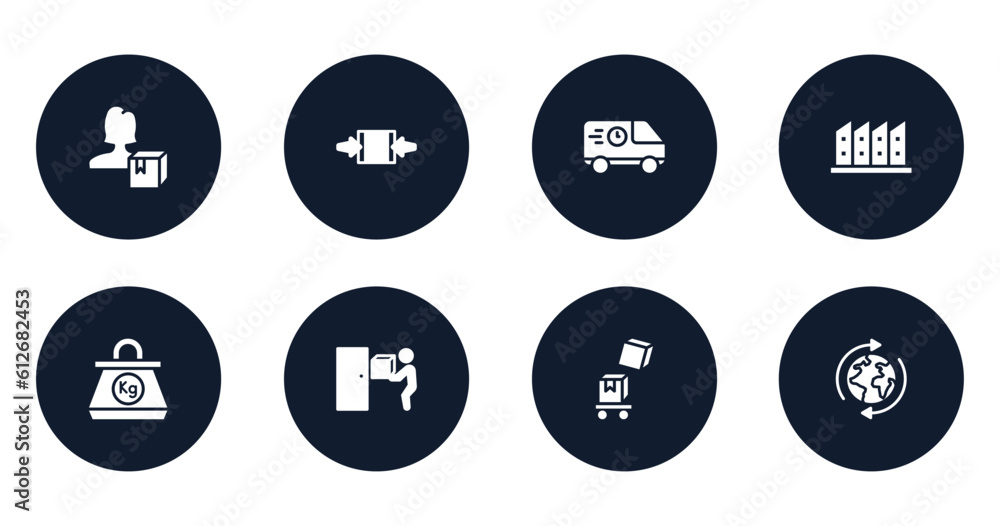 logistics filled icons set. flat filled icons sheet included delivery woman, clamp as indicated, food logistics, manufacturing plant, kilogram, doorstep, overflow, worldwide shipping vector. logistics filled icons set. flat filled icons sheet included delivery woman, clamp as indicated, food logistics, manufacturing plant, kilogram, doorstep, overflow, worldwide shipping vector.