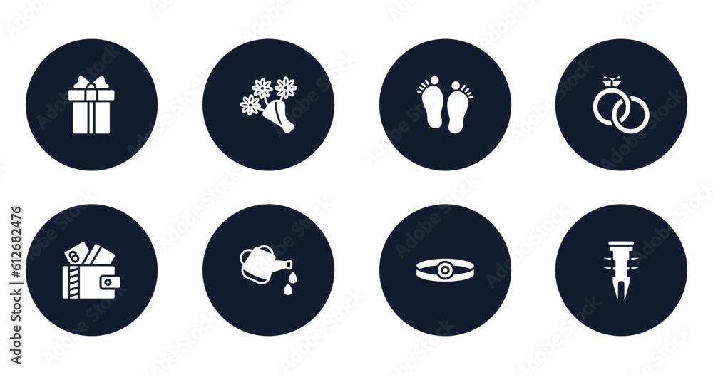general filled icons set. flat filled icons sheet included gift box with ribbon, daisy bouquet, steps, interlocking rings, card wallet, watering can with water drops, head mirror, dyupel vector. general filled icons set. flat filled icons sheet included gift box with ribbon, daisy bouquet, steps, interlocking rings, card wallet, watering can with water drops, head mirror, dyupel vector.