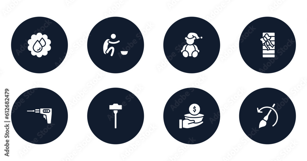 general filled icons set. flat filled icons sheet included save water badge, poor, teddy bear with sleep hat, birthday present, perforator, sledgehammer, poverty, brush history vector. general filled icons set. flat filled icons sheet included save water badge, poor, teddy bear with sleep hat, birthday present, perforator, sledgehammer, poverty, brush history vector.