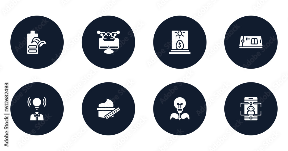 general filled icons set. flat filled icons sheet included eco battery, computing technology, business incubator, digital product, brand awareness, beauty care, energy efficiency, ar game vector.