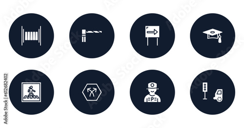 signals set filled icons set. flat filled icons sheet included zebra crossing, parking barrier, one way, graduate cap, pedestrian crossing, bifurcation, parking worker, car traffic vector.