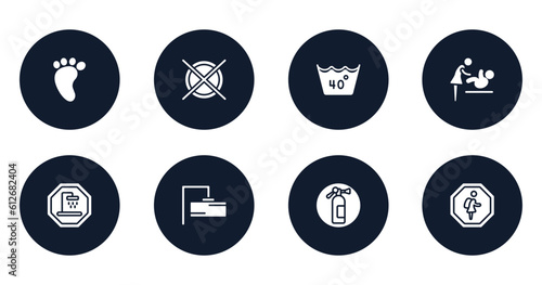 indications filled icons set. flat filled icons sheet included four toe footprint, do not dry clean, 40 degree laundry, babysitter and child, shower place, rectangular, fire estinguisher, school