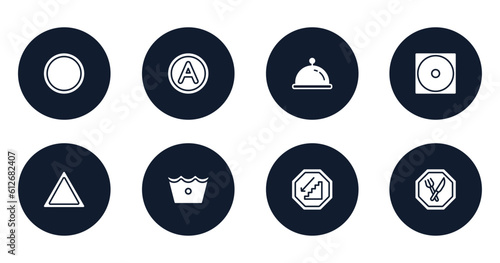 indications filled icons set. flat filled icons sheet included empty circle, any solvent, tray with cover, dry low heat, any bleach, cold wash, walking downstairs, restaurant vector.