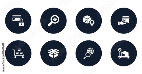 lineal logistic filled icons set. flat filled icons sheet included card blocked, delivery search, track package, delivering, package on trolley, open pack, search worldwide, box weight vector.
