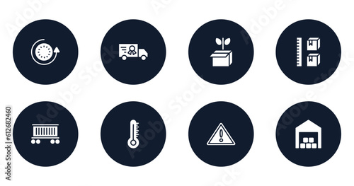 logistics filled icons set. flat filled icons sheet included 24 hours, charter, green logistics, storage capacity, cargo train, temperature limitation, danger, distribution center vector.