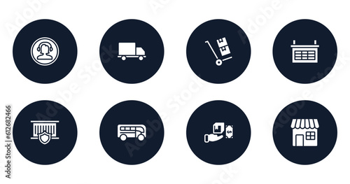 logistics filled icons set. flat filled icons sheet included phone assistance, free delivery truck, use hand truck, organizing grid, delivery insurance, buses, cash on delivery, retail store vector.