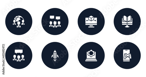 general filled icons set. flat filled icons sheet included team, brand engagement, 3d modeling, distance learning, group opinion, creative pencil rocket, information technology, in-game advertising