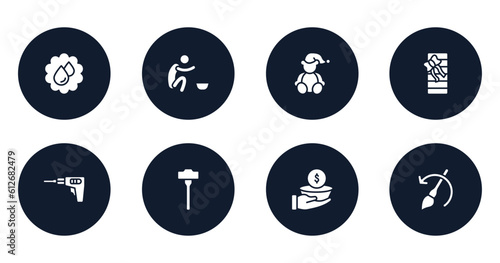general filled icons set. flat filled icons sheet included save water badge, poor, teddy bear with sleep hat, birthday present, perforator, sledgehammer, poverty, brush history vector.
