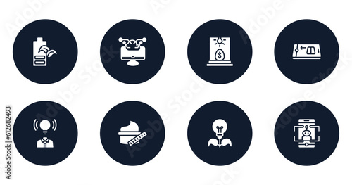 general filled icons set. flat filled icons sheet included eco battery, computing technology, business incubator, digital product, brand awareness, beauty care, energy efficiency, ar game vector.