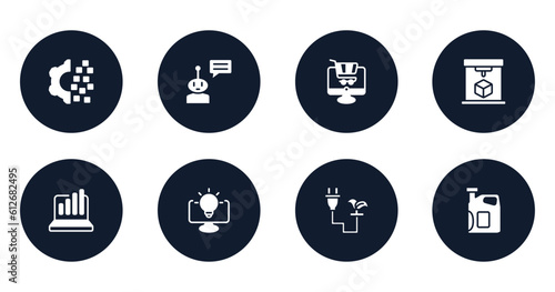 general filled icons set. flat filled icons sheet included digital transformation, chat bot, ecommerce platform, 3d printing, info chart, business intelligence, biomass energy, engine oil vector.