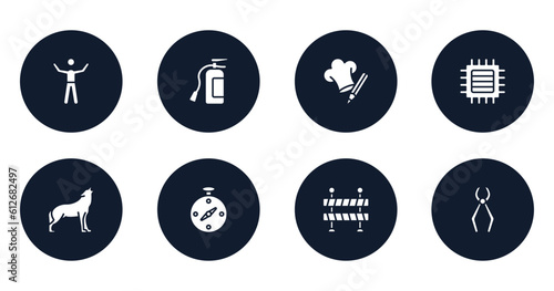 general filled icons set. flat filled icons sheet included man with open arms, fire estinguisher, chef hat with a pencil, patch crop, wolf howling, compass pointing south east, traffic barriers,