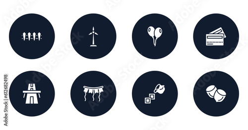 general filled icons set. flat filled icons sheet included wooden fence, renewable energy label, floating balloons, credit cards, bridge on avenue perspective, party decoration, live paint, nuts