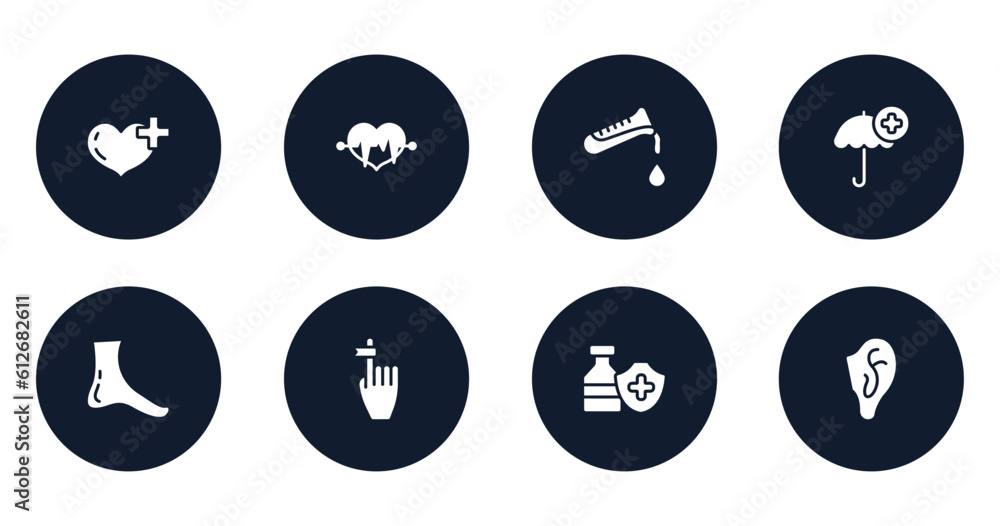 body parts filled icons set. flat filled icons sheet included heart with a plus, lifeline in a heart, test tube, flask and drop of blood, umbrella with plus, foot side view, hand finger with a