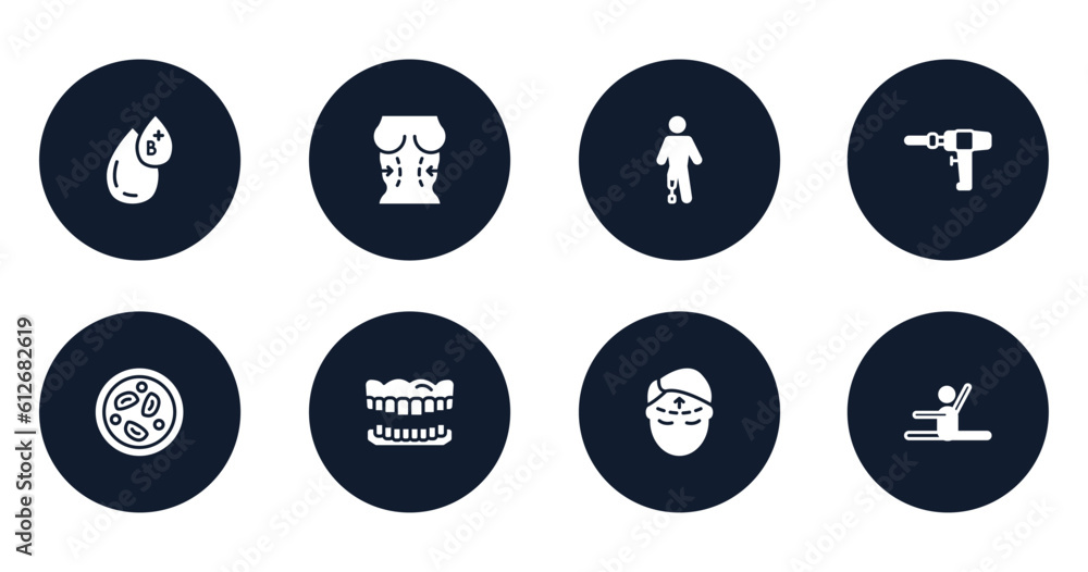 health filled icons set. flat filled icons sheet included type b, plastic surgery, prosthetic, medical drill, microscopic, dentures, forehead, stretch vector. health filled icons set. flat filled icons sheet included type b, plastic surgery, prosthetic, medical drill, microscopic, dentures, forehead, stretch vector.