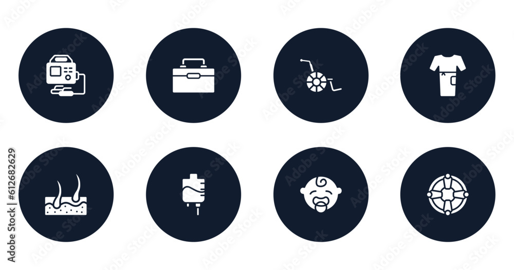 emergencies filled icons set. flat filled icons sheet included defibrillator, organ container, handicap, patient robe, epidermis, iv, baby boy, life saver vector. emergencies filled icons set. flat filled icons sheet included defibrillator, organ container, handicap, patient robe, epidermis, iv, baby boy, life saver vector.