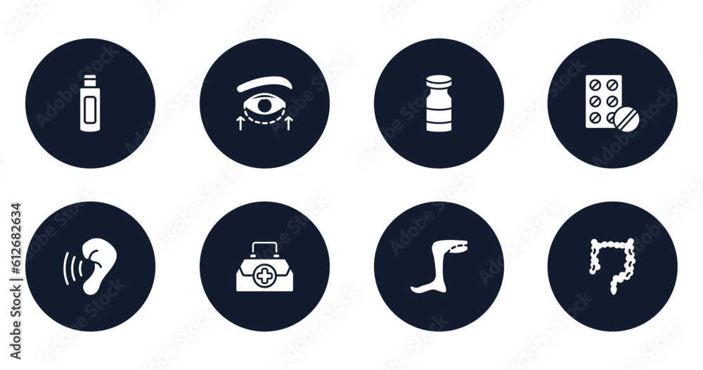medical filled icons set. flat filled icons sheet included body oil, eyelid, vial, antibiotic, hearing, doctor briefcase, legs, intestine vector. medical filled icons set. flat filled icons sheet included body oil, eyelid, vial, antibiotic, hearing, doctor briefcase, legs, intestine vector.
