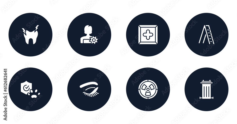 health filled icons set. flat filled icons sheet included hypersensitive, woman with flower, cross inside a square, mechanical ladder, pet insurance, closed eyes with lashes and brows, radioactive health filled icons set. flat filled icons sheet included hypersensitive, woman with flower, cross inside a square, mechanical ladder, pet insurance, closed eyes with lashes and brows, radioactive