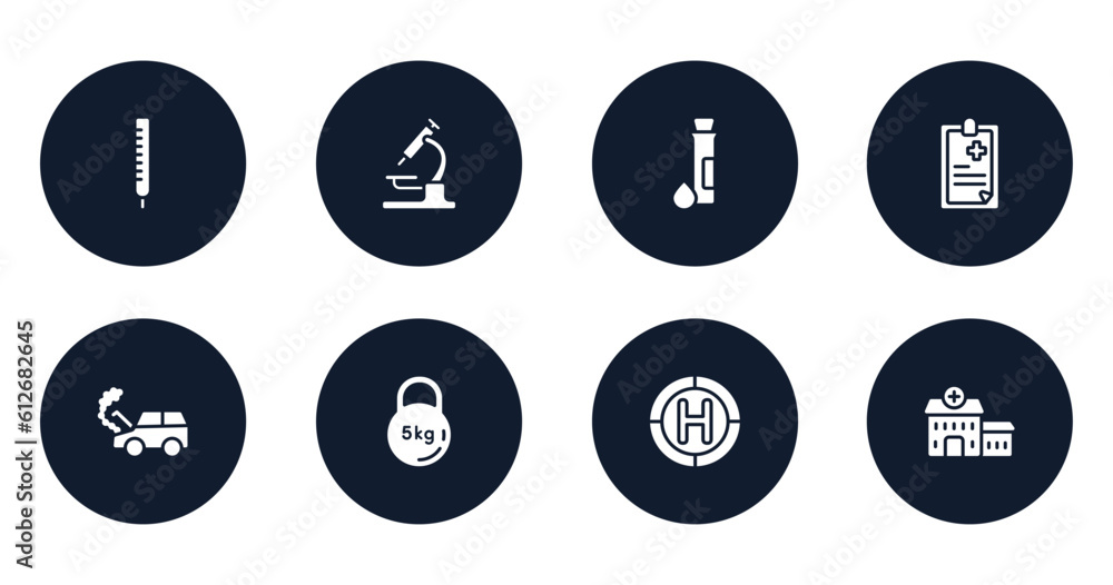 health filled icons set. flat filled icons sheet included thermometer reading temperature, lab microscope, test tube and drop, clinic history, car crash, kettlebell, heliport, health center vector. health filled icons set. flat filled icons sheet included thermometer reading temperature, lab microscope, test tube and drop, clinic history, car crash, kettlebell, heliport, health center vector.