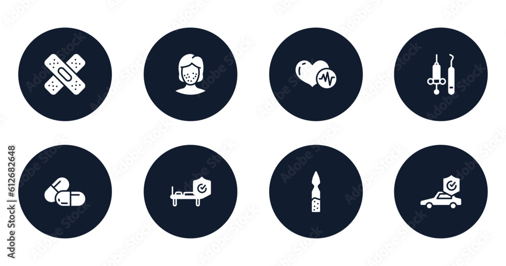 insurance filled icons set. flat filled icons sheet included band aid forming a cross mark, pimples, heart beats, dentist tools, large pill, hospitalization, ampoul, car insurance vector. insurance filled icons set. flat filled icons sheet included band aid forming a cross mark, pimples, heart beats, dentist tools, large pill, hospitalization, ampoul, car insurance vector.