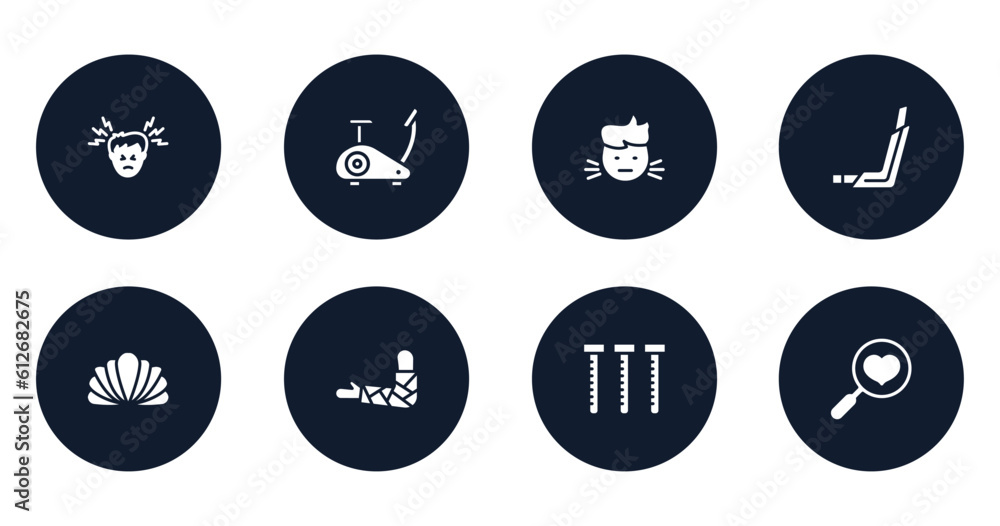 medicaments filled icons set. flat filled icons sheet included headache, stationary bike, sick boy, inhalator, mollusc, broken hand, sample tube, health check vector. medicaments filled icons set. flat filled icons sheet included headache, stationary bike, sick boy, inhalator, mollusc, broken hand, sample tube, health check vector.
