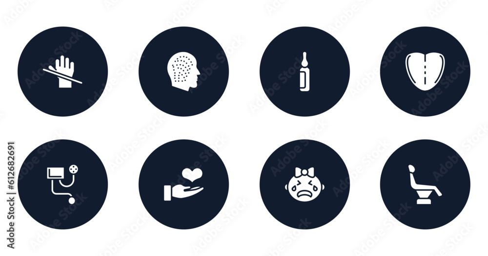 dental care filled icons set. flat filled icons sheet included latex, allergy, ampoule, tongue, blood pressure meter, donator, crying, dentist chair vector.
