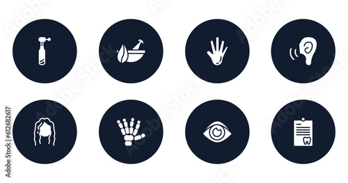 dentist filled icons set. flat filled icons sheet included dentists drill tool, natural herbs and a mortar for healing, hand showing palm, ear increase audio, long wavy hair, human hand bones, human