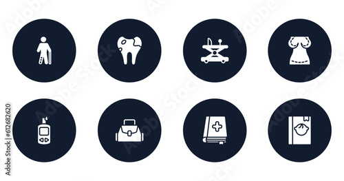baby filled icons set. flat filled icons sheet included injured male, caries, baby walker, augmentation, glucometer, baby bag, medicine book, book vector.