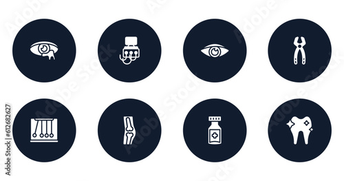 medical filled icons set. flat filled icons sheet included infection, dialysis, eyesight, tooth pliers, momentum, orthopedics, medicine jar, orthodontic vector.