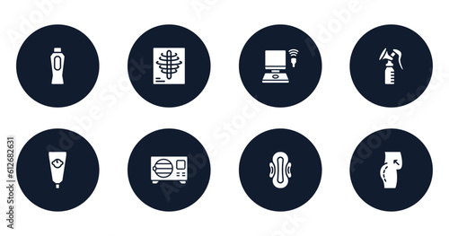 plastic surgery filled icons set. flat filled icons sheet included baby powder, x rays, ultrasonography, breast pump, baby cream, sterilization, sanitary napkin, butt vector.