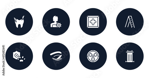 health filled icons set. flat filled icons sheet included hypersensitive, woman with flower, cross inside a square, mechanical ladder, pet insurance, closed eyes with lashes and brows, radioactive