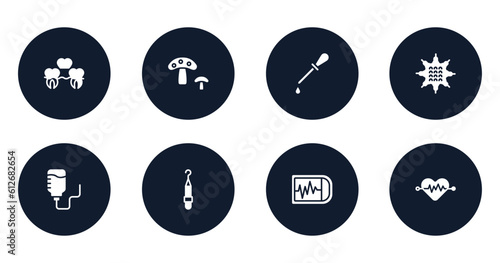 medical services filled icons set. flat filled icons sheet included denture, fungi, ear dropper, massage ball, iv bag, periodontal scaler, ekg monitor, cardiology vector.