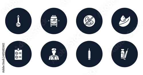 medicine filled icons set. flat filled icons sheet included medicine liquid in a test tube glass, frontal ambulance, prohibition, leaf and drop, checked list, executive man, medical syringe, syringe