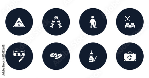 medicine filled icons set. flat filled icons sheet included warning triangular, hand grip, injured leg of man, extraction, veneer, medicine tablets, drops of medicine, kit with first aid vector.