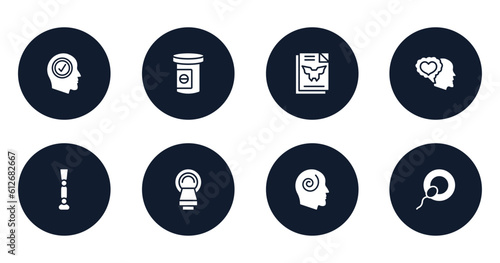 biochemistry and medicine filled icons set. flat filled icons sheet included positivity, antidepressants, inkblot test, feelings, prosthesis, tomography, hypis, insemination vector.