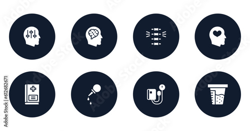 medical services filled icons set. flat filled icons sheet included manipulation, neurology, chiropractic, mental health, vademecum, pear enema, sphygmomanometer, urine test vector.
