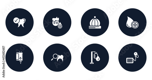 medical filled icons set. flat filled icons sheet included healthy tooth, sleep deprivation, baby hat, donor, blood bag, dental checkup, intravenous, tensiometer vector.