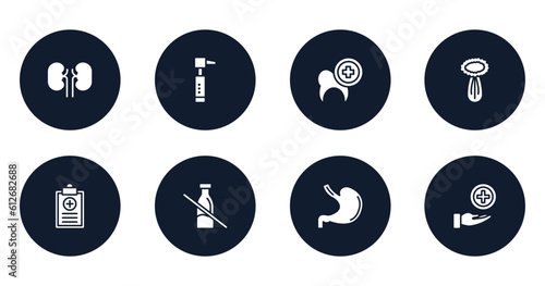 hospital filled icons set. flat filled icons sheet included kidney, otoscope, dental care, celery, health report, lactose intolerant, stoh, medical service vector.