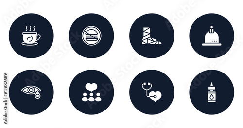 therapy filled icons set. flat filled icons sheet included herbal tea, no junk food, cast, cupping, conjunctivitis, donors, medical checkup, essential oils vector.