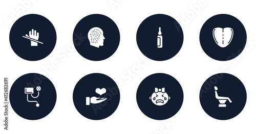 dental care filled icons set. flat filled icons sheet included latex, allergy, ampoule, tongue, blood pressure meter, donator, crying, dentist chair vector.