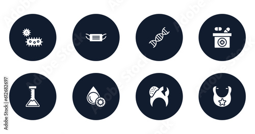 baby filled icons set. flat filled icons sheet included bacterium, medical mask, adn, medicine box, medical lab, platelet, decayed, bib vector.