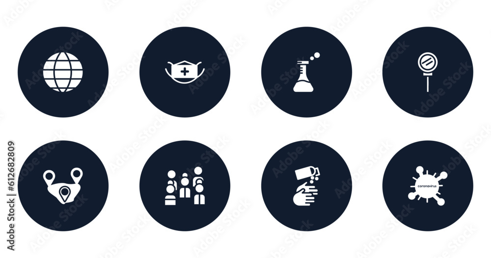 filled icons set. flat filled icons sheet included world, face mask, flask, loupe, distance, crowd, handwash, coronavirus vector.