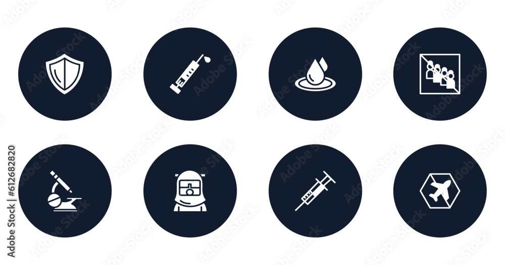 filled icons set. flat filled icons sheet included shield, vaccine, waterdrop, no group, microscope, safety suit, syringe, no flight vector.