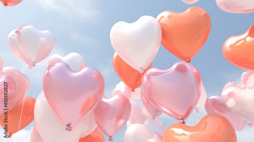 Valentines day bunch of heart shaped balloons floating in the sky. Generative ai