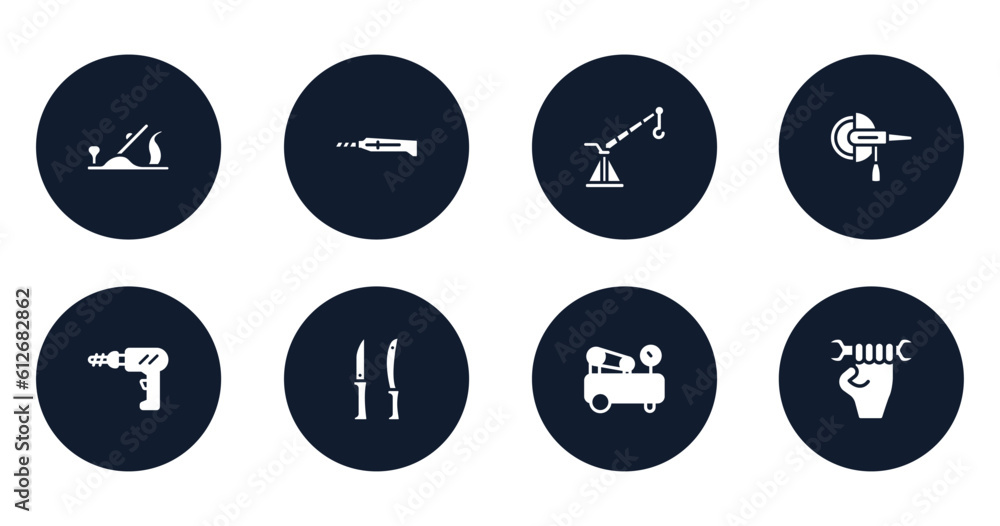 labor day elements filled icons set. flat filled icons sheet included plane controls, stationery knife, davit, grinder hine, perforator, knives, air compressor, labor day vector.