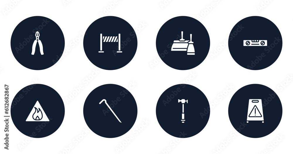 housekeeping filled icons set. flat filled icons sheet included big pliers, road panel, two spatulas, balance ruler, inflamable, crowbar, hammer facinf left, wet floor vector.