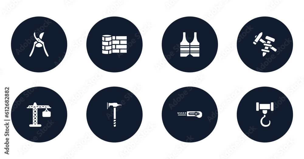 tools and hinery filled icons set. flat filled icons sheet included pruning shears, linoleum, reflective vest, construction tools, tall crain, battle axe, cutter facing left, crane hook vector. tools and hinery filled icons set. flat filled icons sheet included pruning shears, linoleum, reflective vest, construction tools, tall crain, battle axe, cutter facing left, crane hook vector.